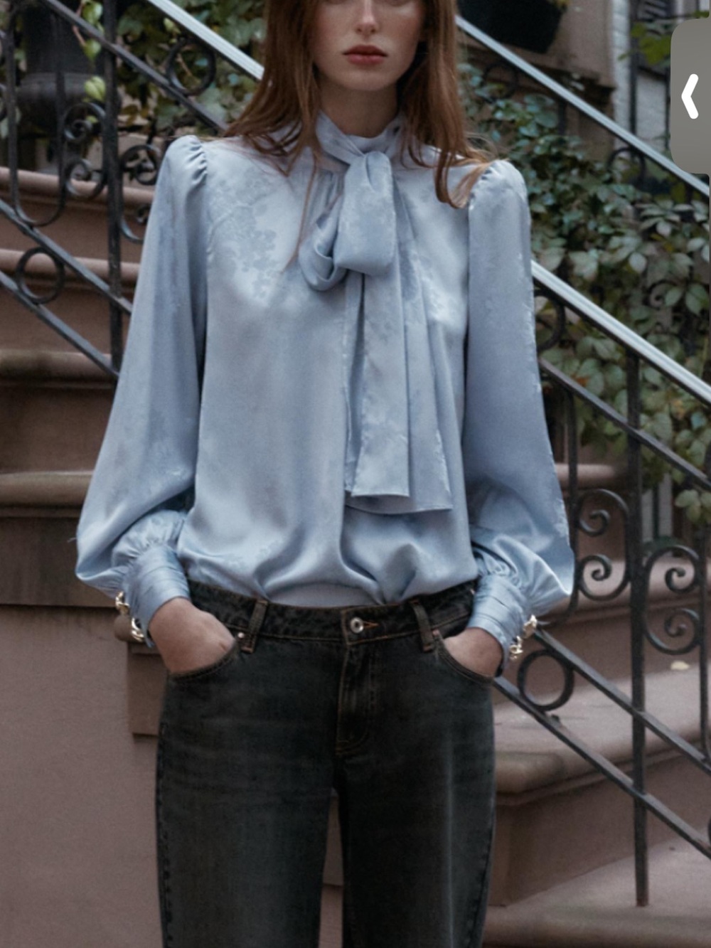 Zara Pale Blue Satin Bow-Neck Blouse - Women Tops